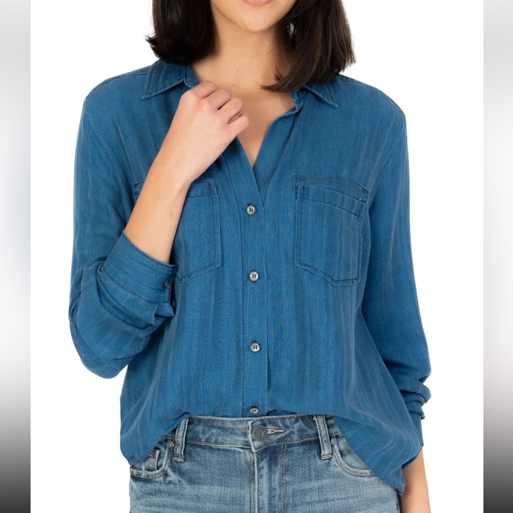 Soft denim button down long sleeve shirt